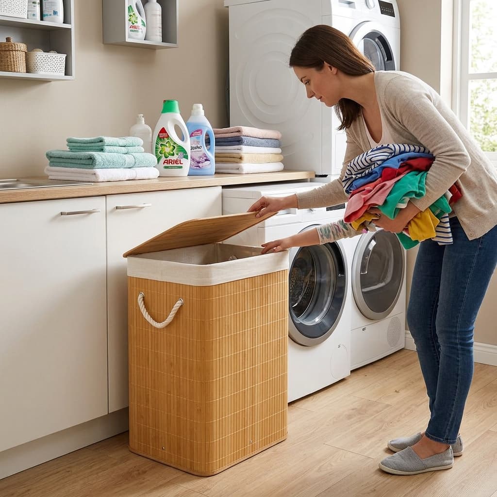 Cesto para roupa suja de bambu com Tampa e alça  50 Litros / organizador pra lavanderia e banheiro cesto organizador