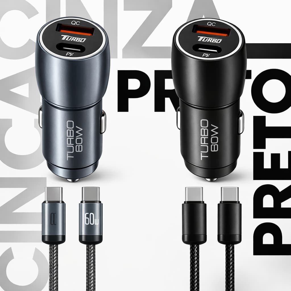 Carregador Veicular Automotivo Turbo 60W A'Gold Metal Cabo Trançado Resistente USB-C 1 Metro Carregamento Rápido