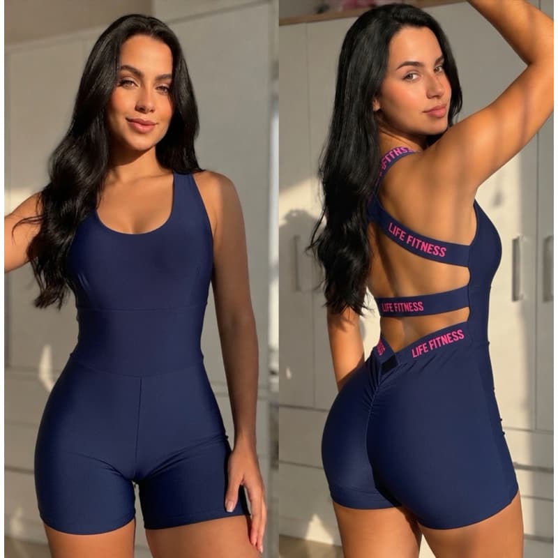 Macacão Curto Fitness Empina Bumbum – Costa Nua, Elástico Reforçado Malha Suplex, P M G