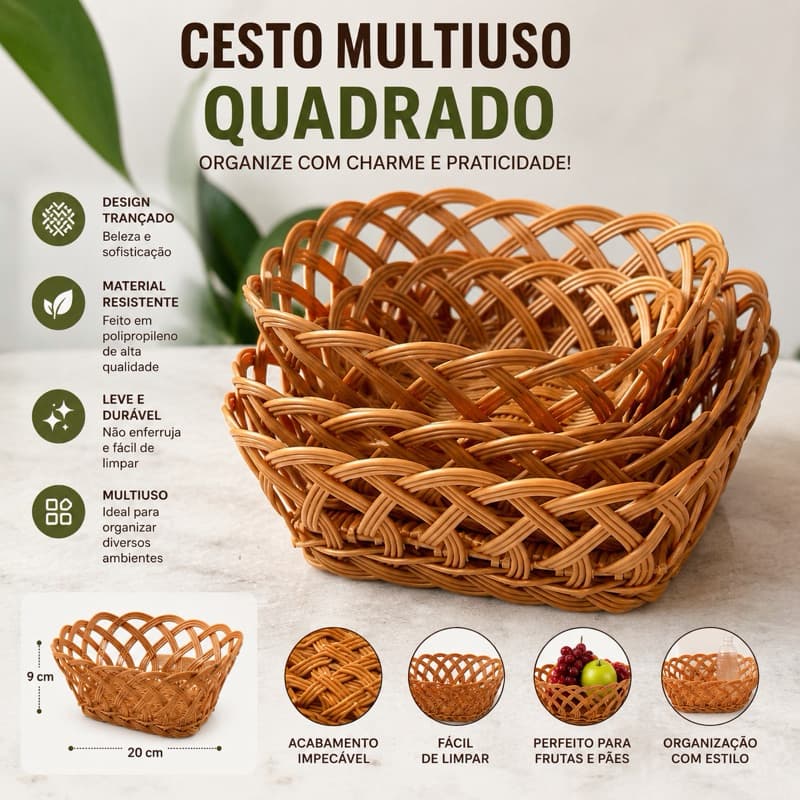 Cesto Multiuso Quadrado em Polipropileno Organizador Decorativo para Frutas Pães e Cozinha