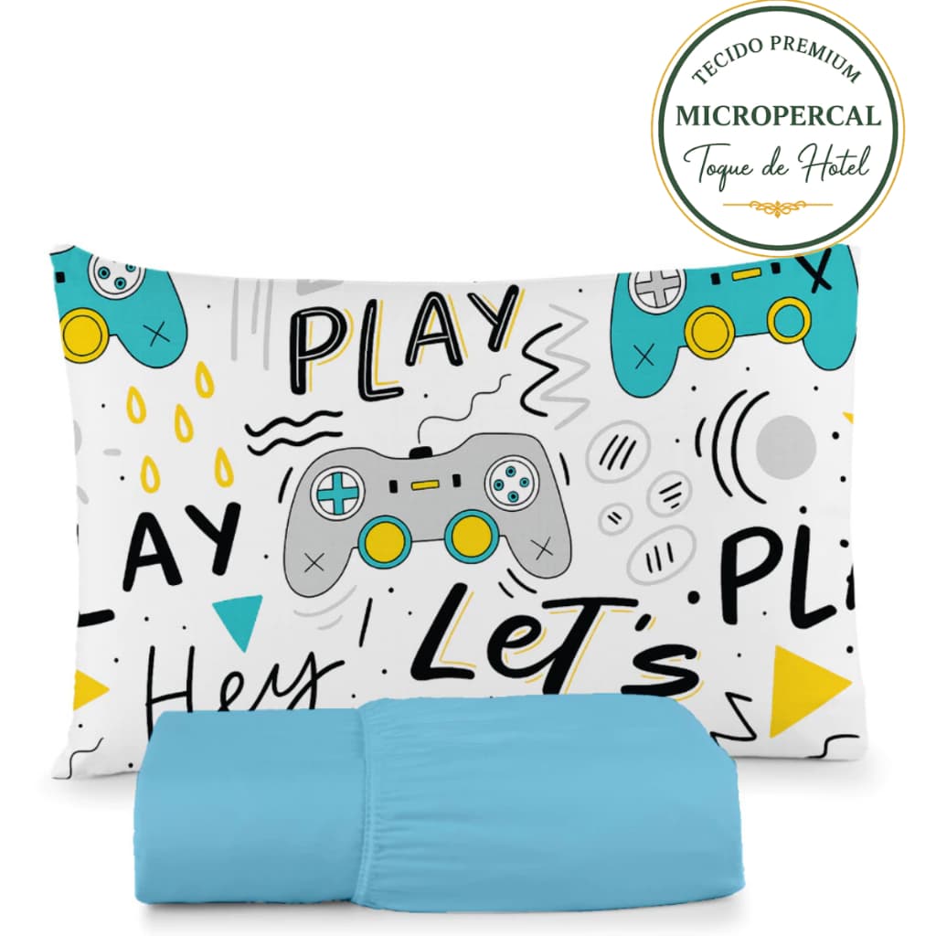 Jogo de Lençol Solteiro Gamer  2 Peças com Fronha Estampada Controle de Videogame