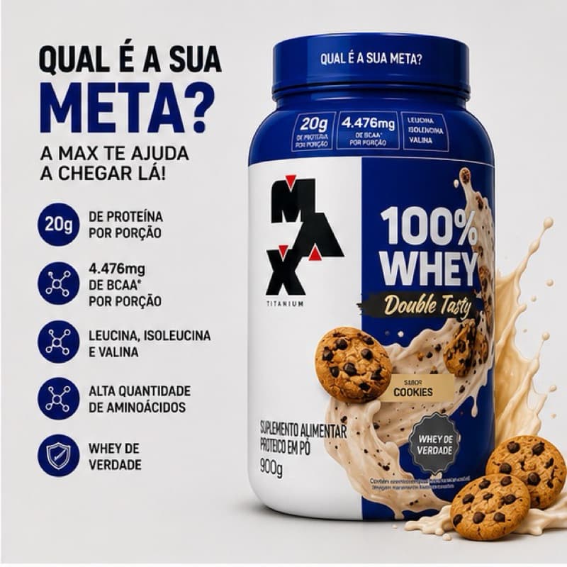 Whey Protein 100% Double Tasty Max Titanium 900g – Chocolate, Baunilha, Morango, e Cookies