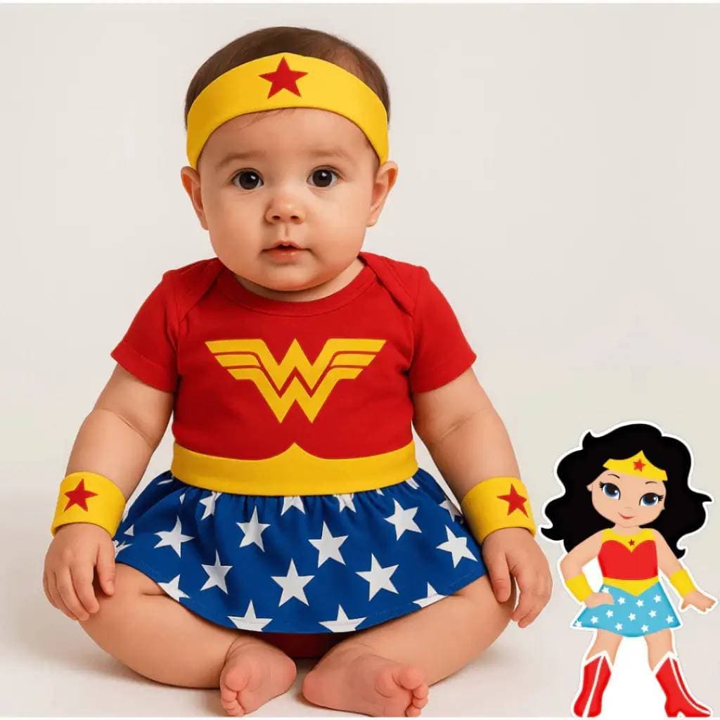 Body Bebe Temático Mêsversario Fantasia da Mulher Maravilha Para Menina - Suedine 100% Algodão Super Confortável