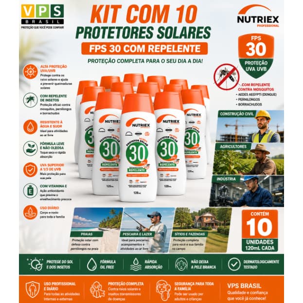 Kit 10 Protetores Solares Nutriex FPS 30 com Repelente 120ml Resistente à Água e Suor