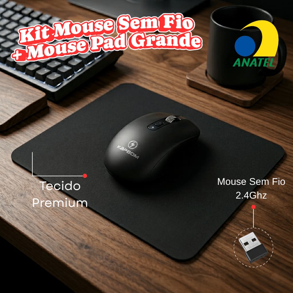 Kit Mouse Sem Fio 2.4GHz 1200 DPI + Mouse Pad 20x24cm Antiderrapante PC Notebook Preto