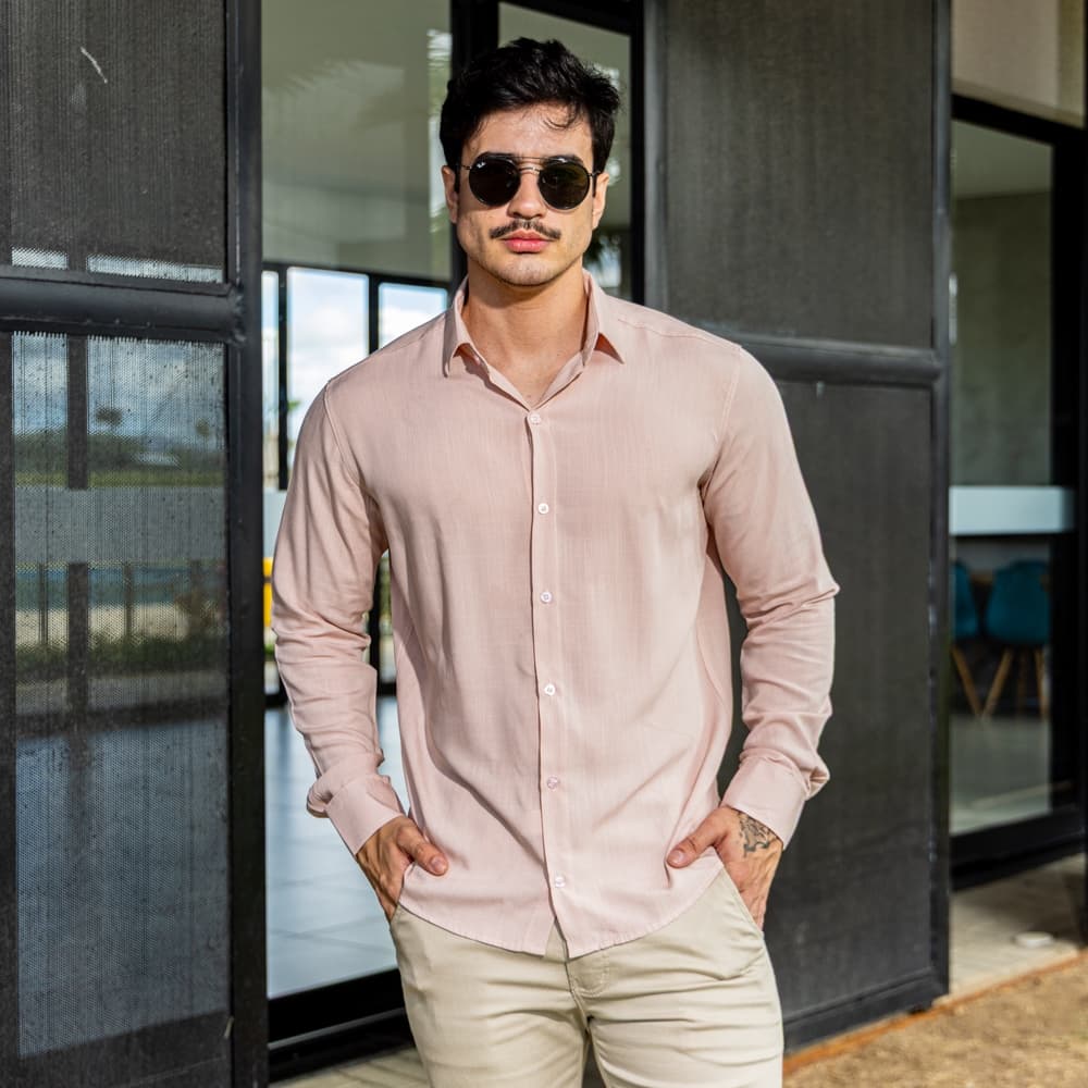 Camisa Social Masculina Manga Longa Trama Linho Slim Fit Executivo Casual Moderno