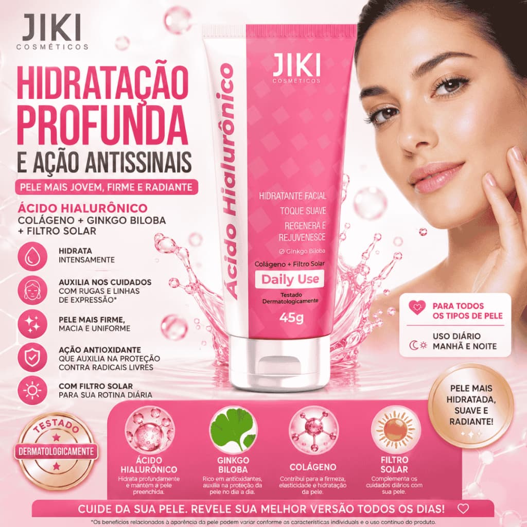 Hidratante Facial Ácido Hialurônico Anti-Idade Hidratação Intensa 45g Jiki