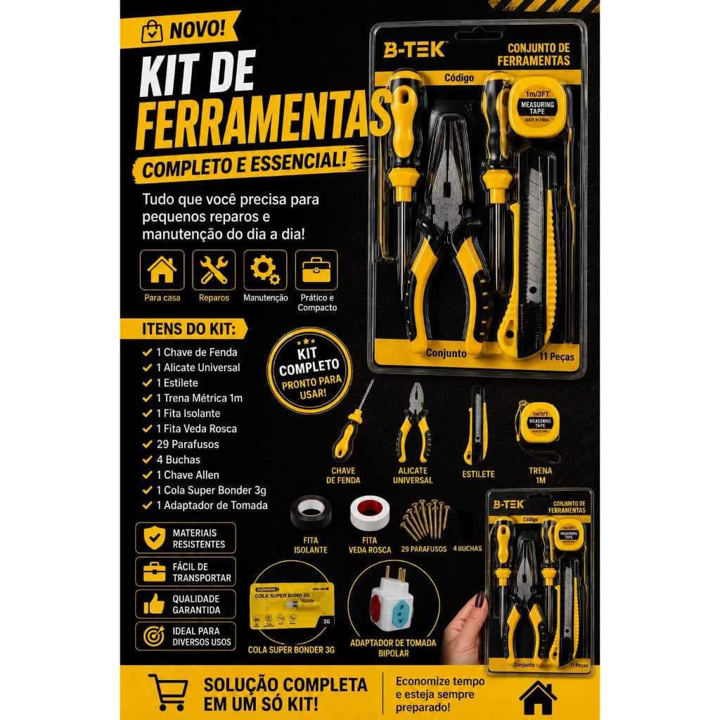 Kit de Ferramentas Completo 11 Peças com Alicate, Chaves, Trena, Estilete e Acessórrios