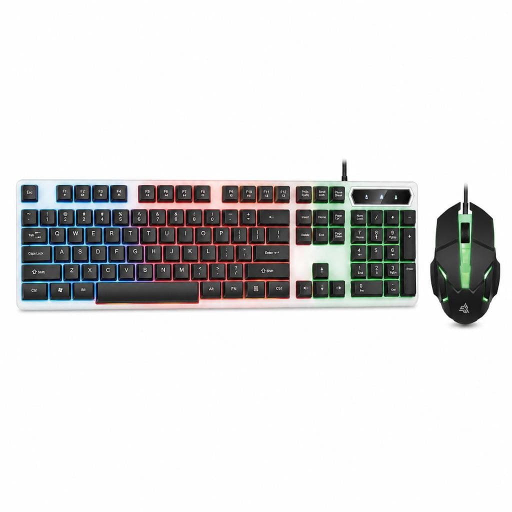 Kit Teclado Semi Mecânico Rainbow e Mouse Gamer LED USB com Fio Multimídia para PC Notebook Branco