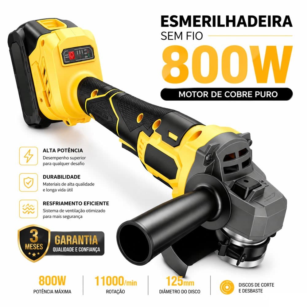 MOHOR Kit Esmerilhadeira Angular 48V 800W 2 Baterias + Discos de Corte Máquina de Lixar e Cortar Metal 125mm