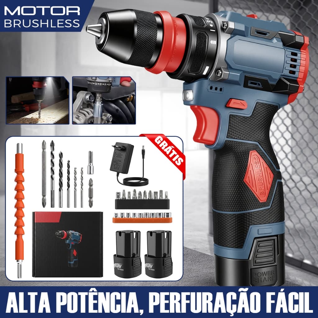 Ferramenta Elétrica 16.8V Parafusadeira Furadeira a Bateria com 2 Baterias + Kit Completo 25 Peças