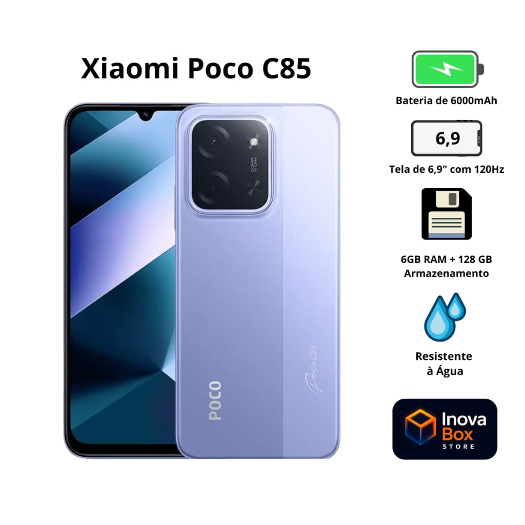 Smartphone Xiaomi POCO C85 128GB 6GB RAM NFC Tela 6.9" 120Hz Câmera 50MP Bateria 6000mAh