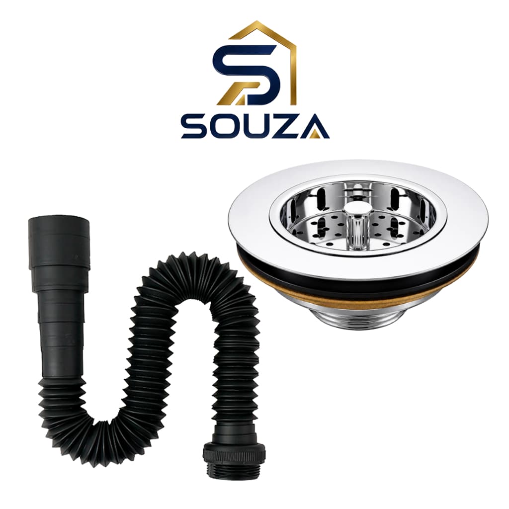 Kit Sifão Sanfonado Flexível Universal Preto + Válvula Americana Inox Metal 3 1/2 Pia Cozinha Completo