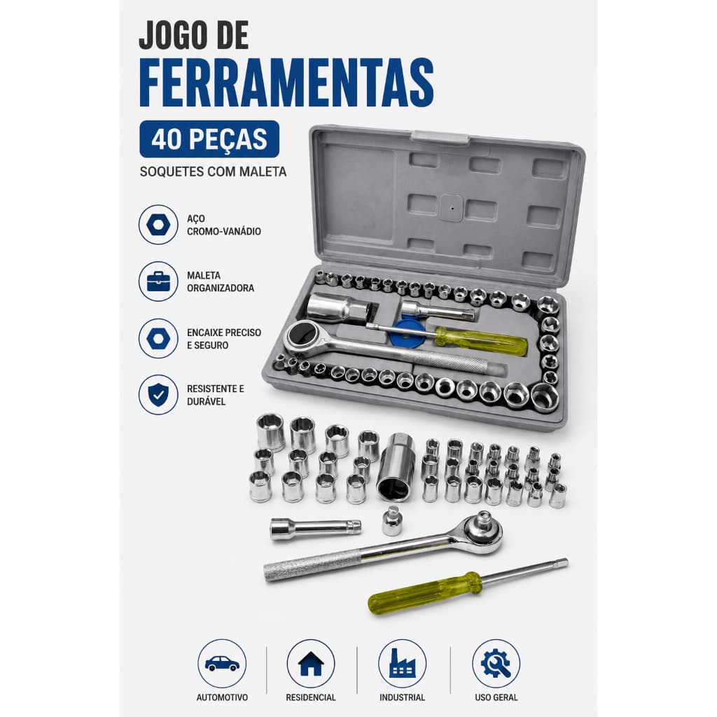 Jogo de Ferramentas 40 Peças Kit Soquetes com Maleta Chave Catraca Extensão Adaptador Encaixe 1/4 e 3/8