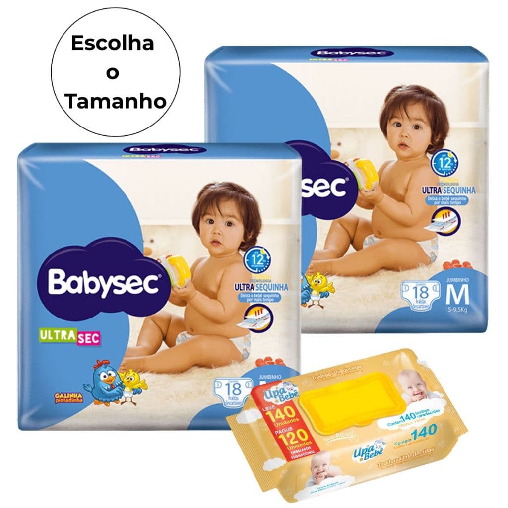 Kit 2 Pacotes Fraldas Babysec Ultrasec Antivazamento  + Toalhas Upa Bebê - Kit Cha bebê