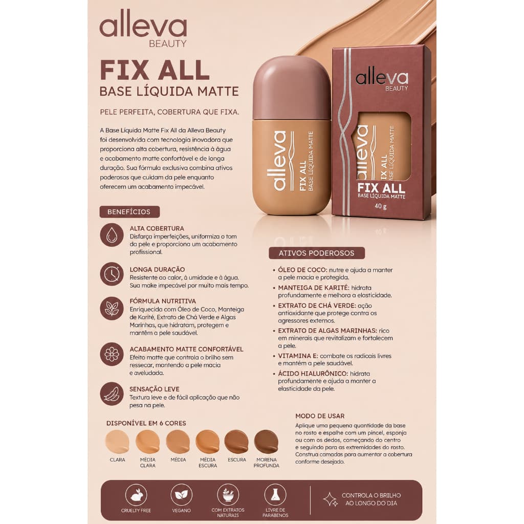 Base Liquida Matte Fix All Alleva Beauty + ESPONJA PARA APLICAÇÃO GRATIS