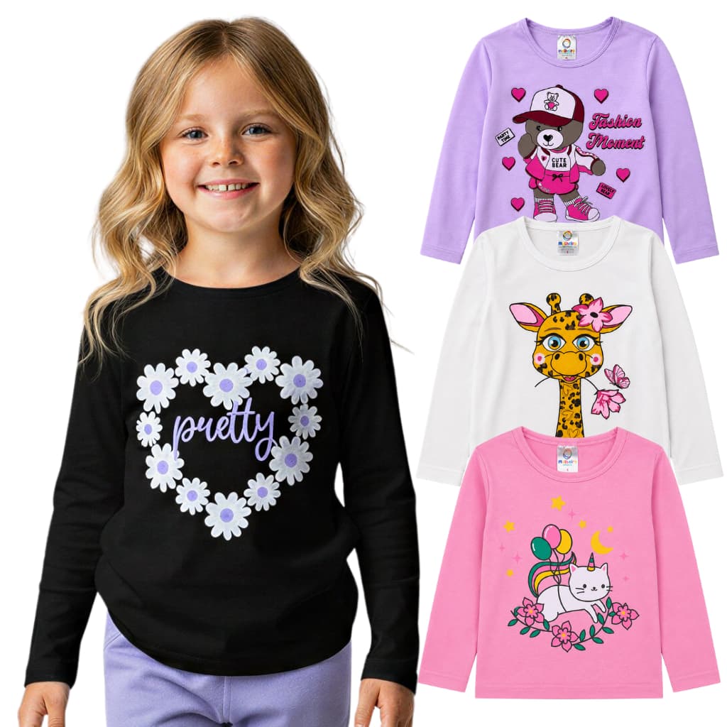 Kit 3 Camisetas Infantil Manga Longa Menina Sortido Blusa Meia Estação Roupa Feminina Bebê