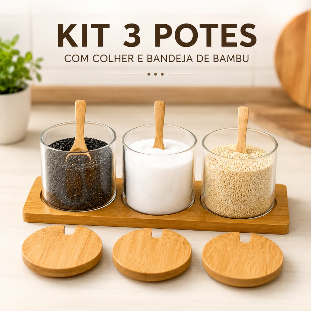 KIT COM 03 POTES DE VIDRO TAMPA BAMBU, BANDEJA E COLHER - IDEAL PARA TEMPEROS E CONDIMENTOS