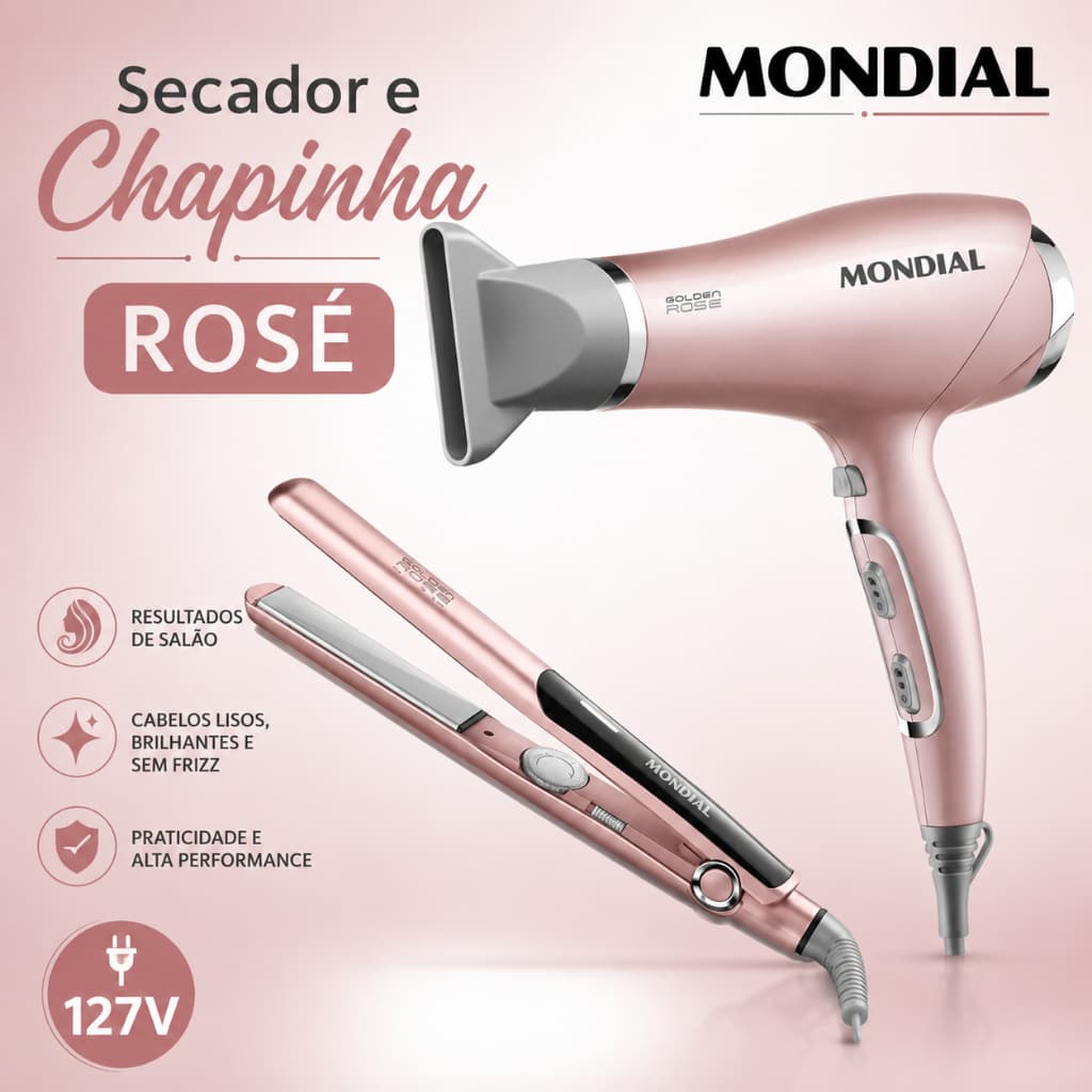 Kit Secador de Cabelo Mondial + Chapinha Prancha Profissional 127V Alta Performance