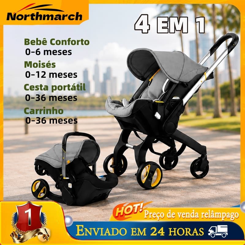 Carrinho de Passeio Bebê 4 em 1 Bebê Conforto Moisés Reclinável 0 a 36 Meses