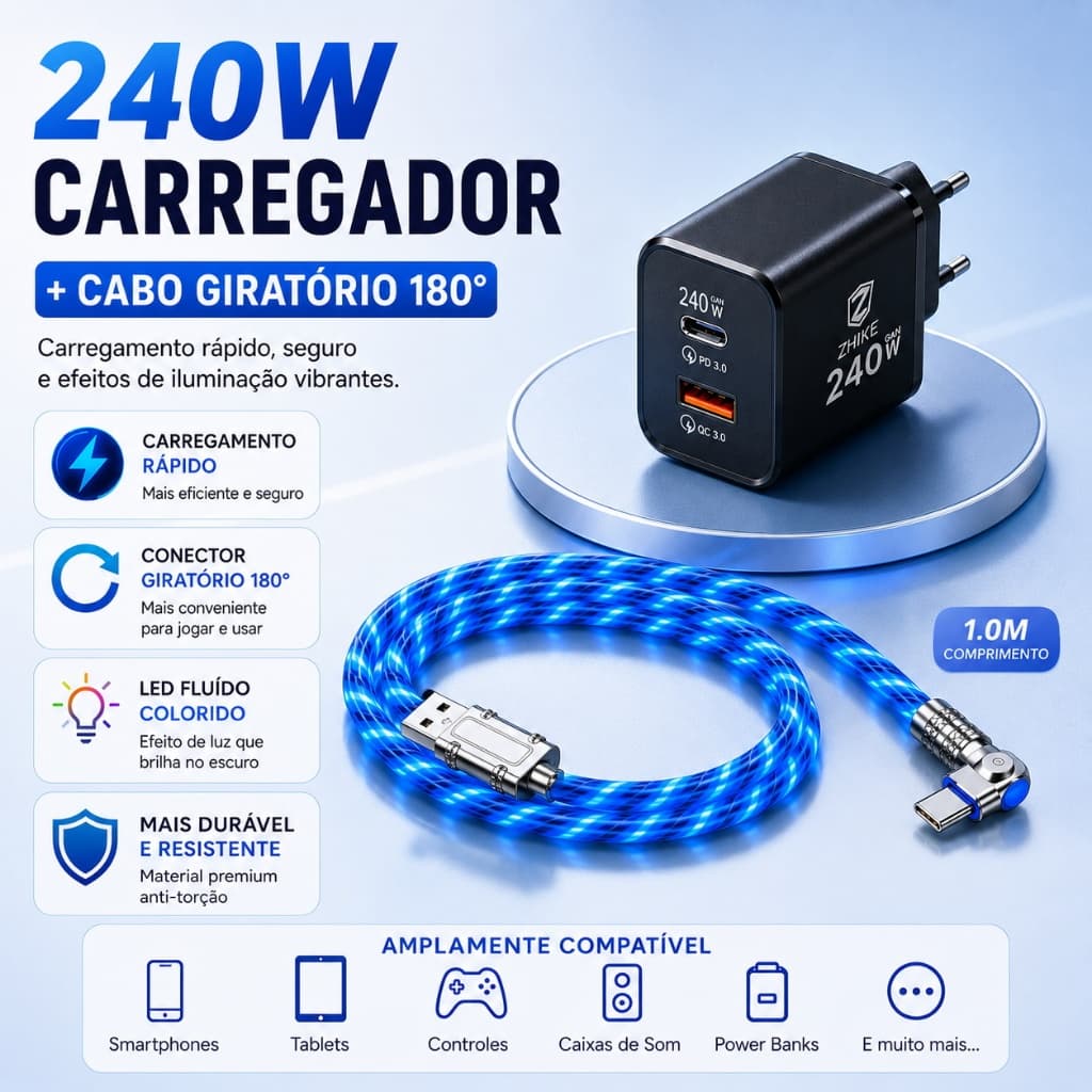 ZHIKE Original Kit Cabo Carregador Streamer Luz Fluida Tipo C Micro USB iP Com GaN Adaptador Carregamento Rápido Dados