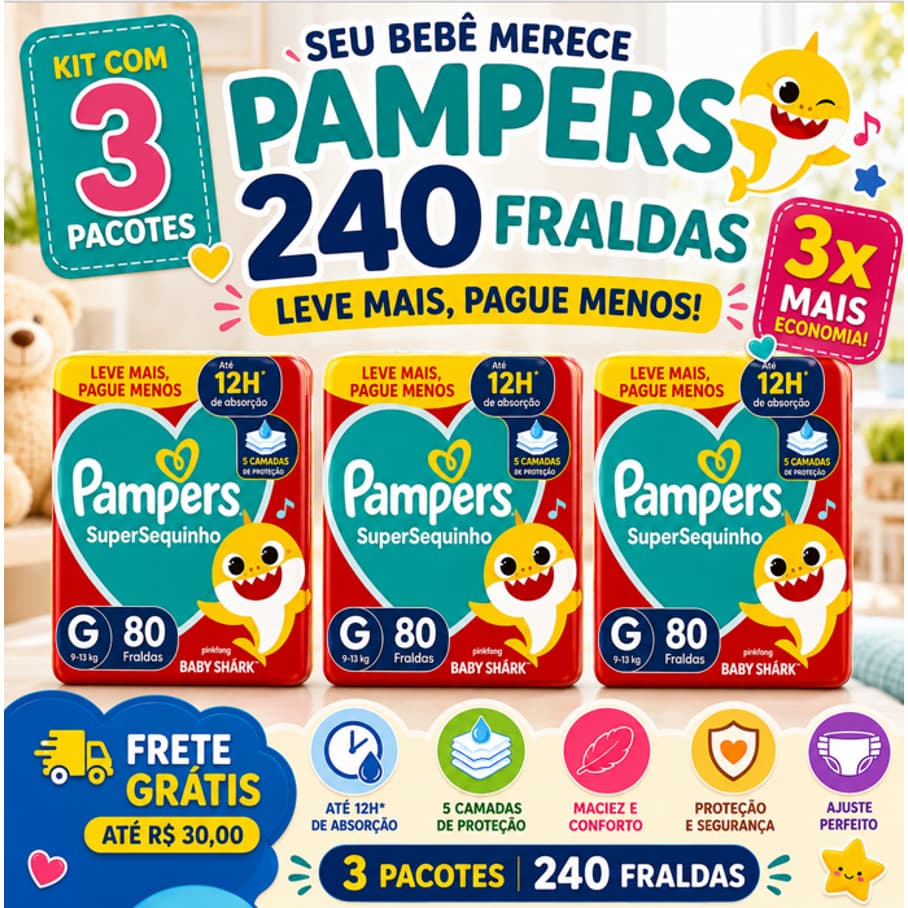 Fralda Descartável Pampers Tamanho G - 80 Unidades Super Kit Econômico 3 Pacotes 240 Fraldas