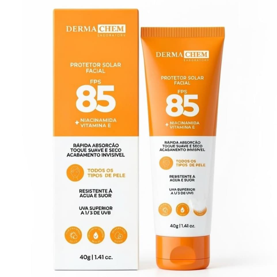 Protetor Solar Facial Dermachem FPS 85 Niacinamida Vitamina E Anti Oleosidade Resistente à Água 40g