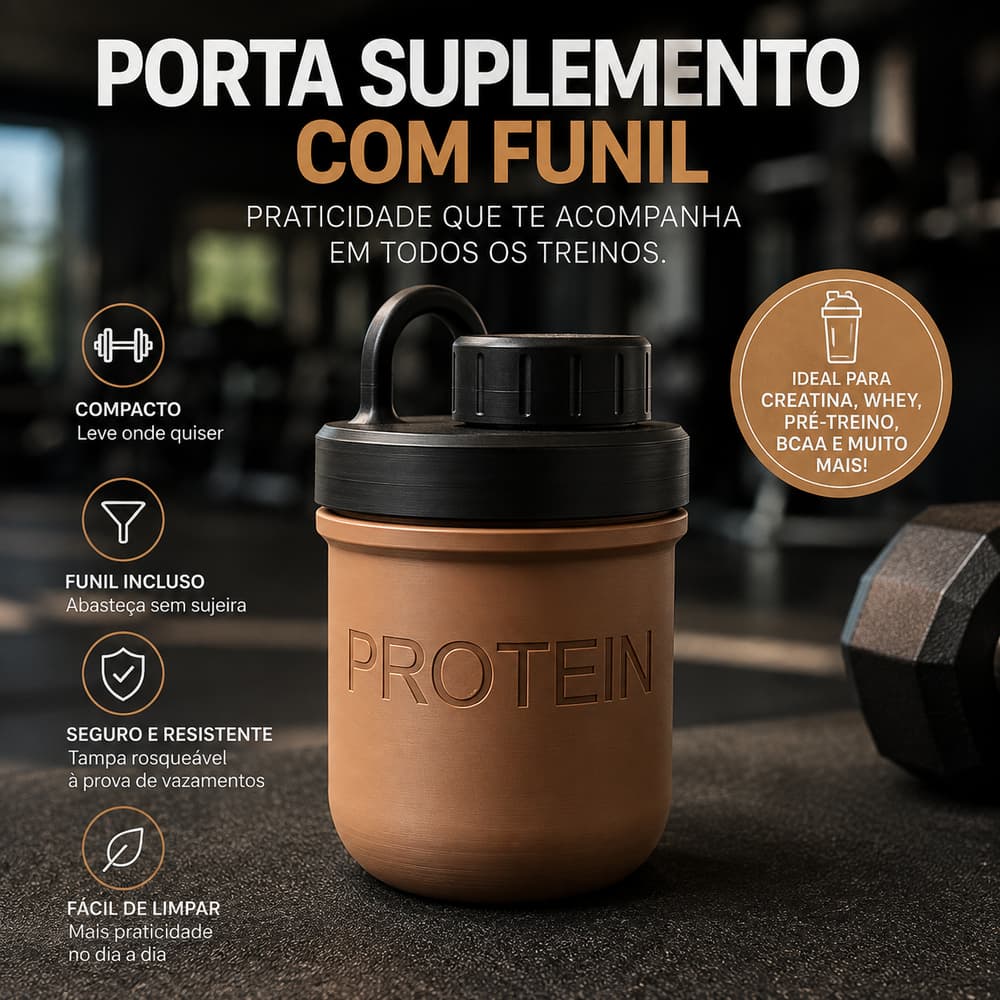 Porta Suplemento Com Funil Para Creatina Whey Pré Treino BCAA Glutamina
