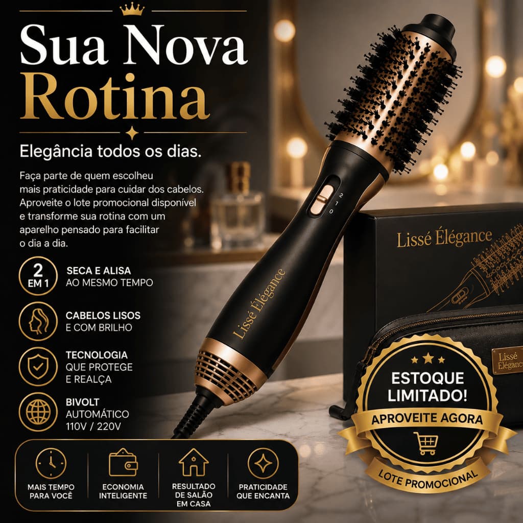 Escova Secadora Cabelo 1300W Bivolt Profissional 2 em 1 Alisadora Modeladora Anti Frizz Lissé Élégance