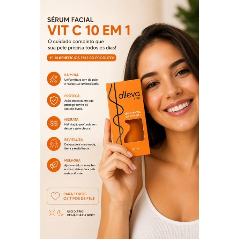 Sérum Facial Vitamina C 10 em 1 Alleva Skin 30ml – Clareador, Antioxidante e Hidratante (Anti-idade Vegano