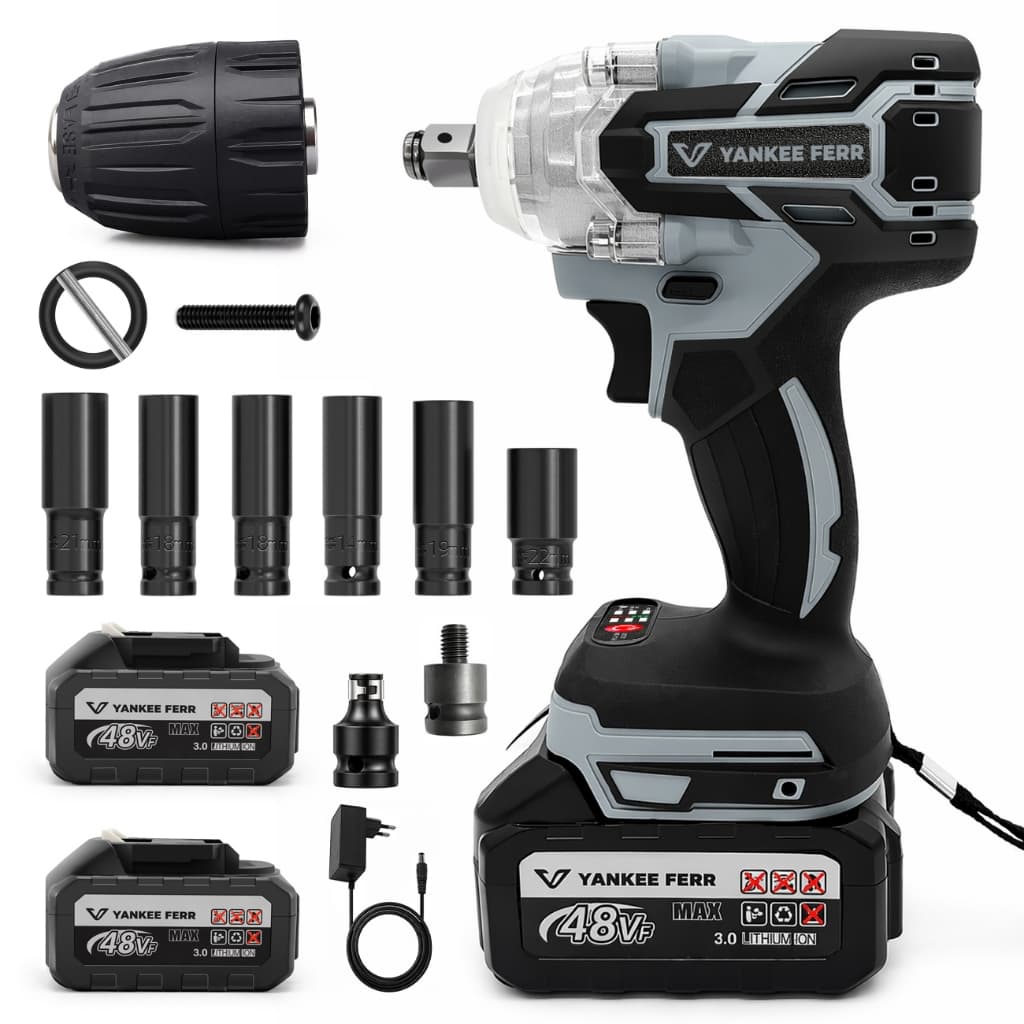 Chave de Impacto Sem Fio 48V 800Nm Brushless com 2 Baterias Kit Completo Soquetes LED