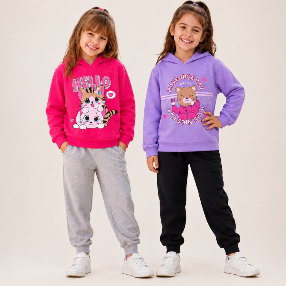 Kit 4 Peças Conjunto Moletom Infantil Menina Inverno Com Capuz Peluciado Quentinho Roupa Frio Casual