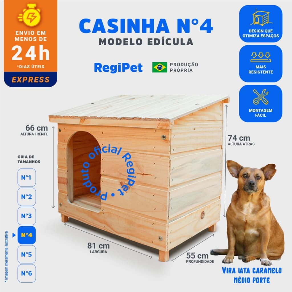 Casinha para Cachorro de Madeira Pinus Nº 4 (Médio) – Modelo Edícula RegiPet – Cocker, Vira-lata Caramelo e Poodle Médio