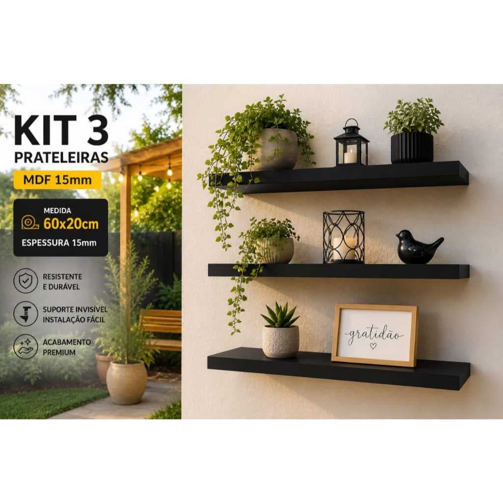 Kit 3 Prateleiras MDF Preto 60x20cm Flutuante Suporte Invisível Parede Sala Quarto Cozinha