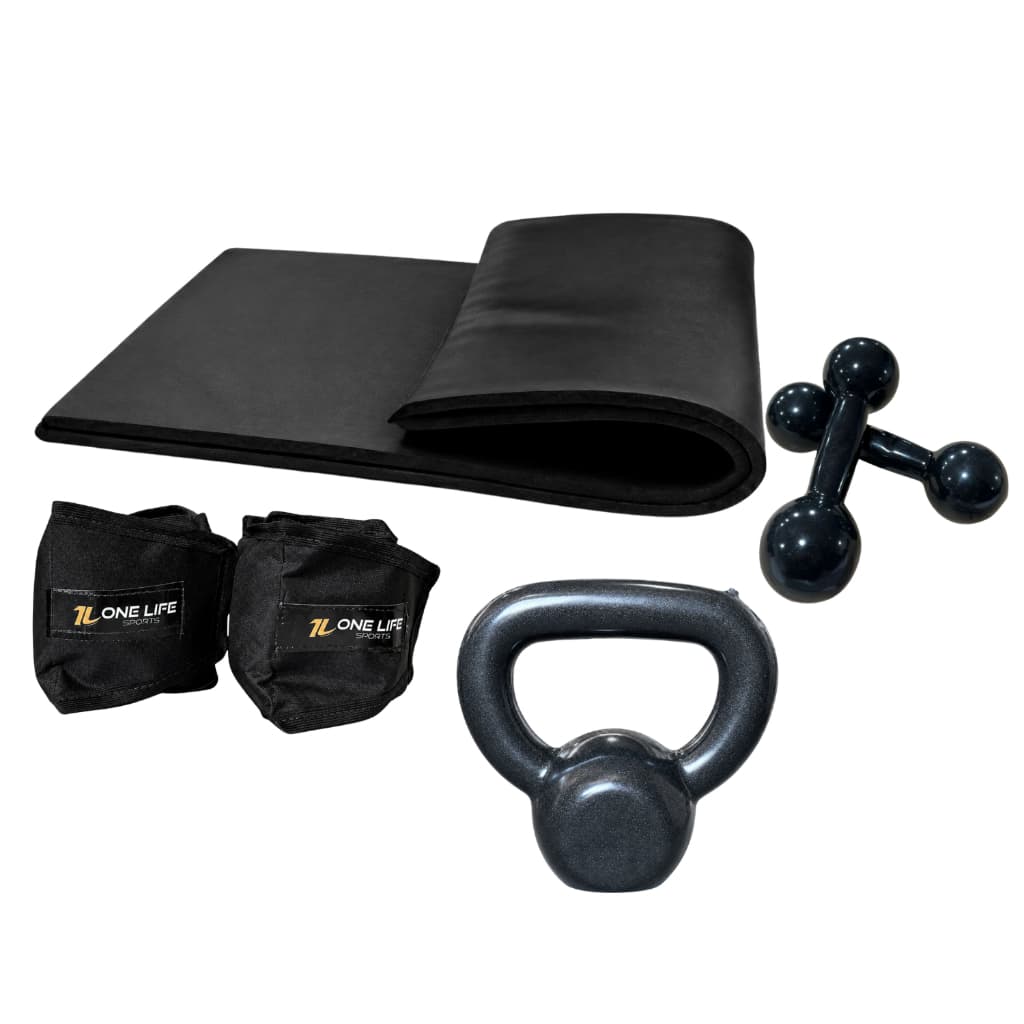 Kit Aeróbico em Casa Caneleira 3kg Halter 1kg Kettlebell 4kg Colchonete Treino Funcional Agachamento