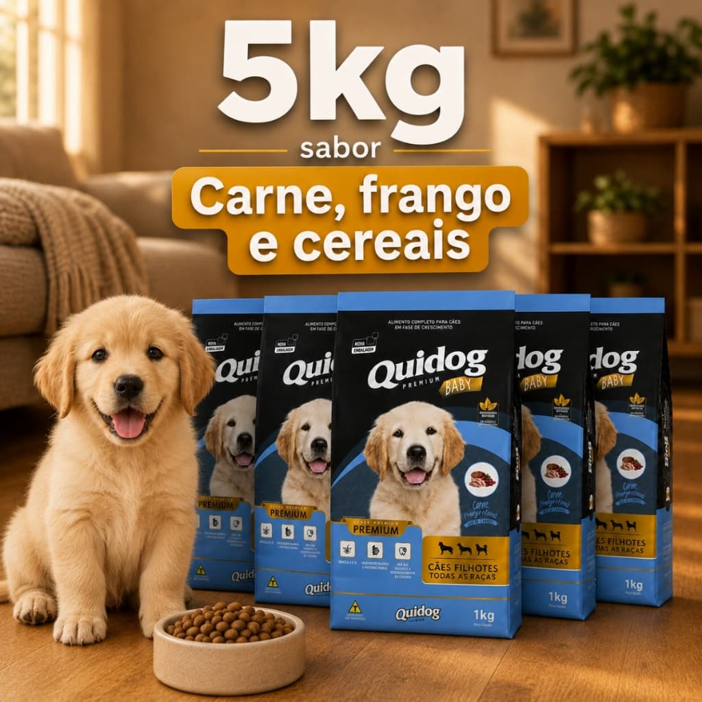 Kit 5x Pacotes Ração Premium Quidog Baby 1kg Cachorro Filhote Sabor Carne Special Nutri 29% Proteína