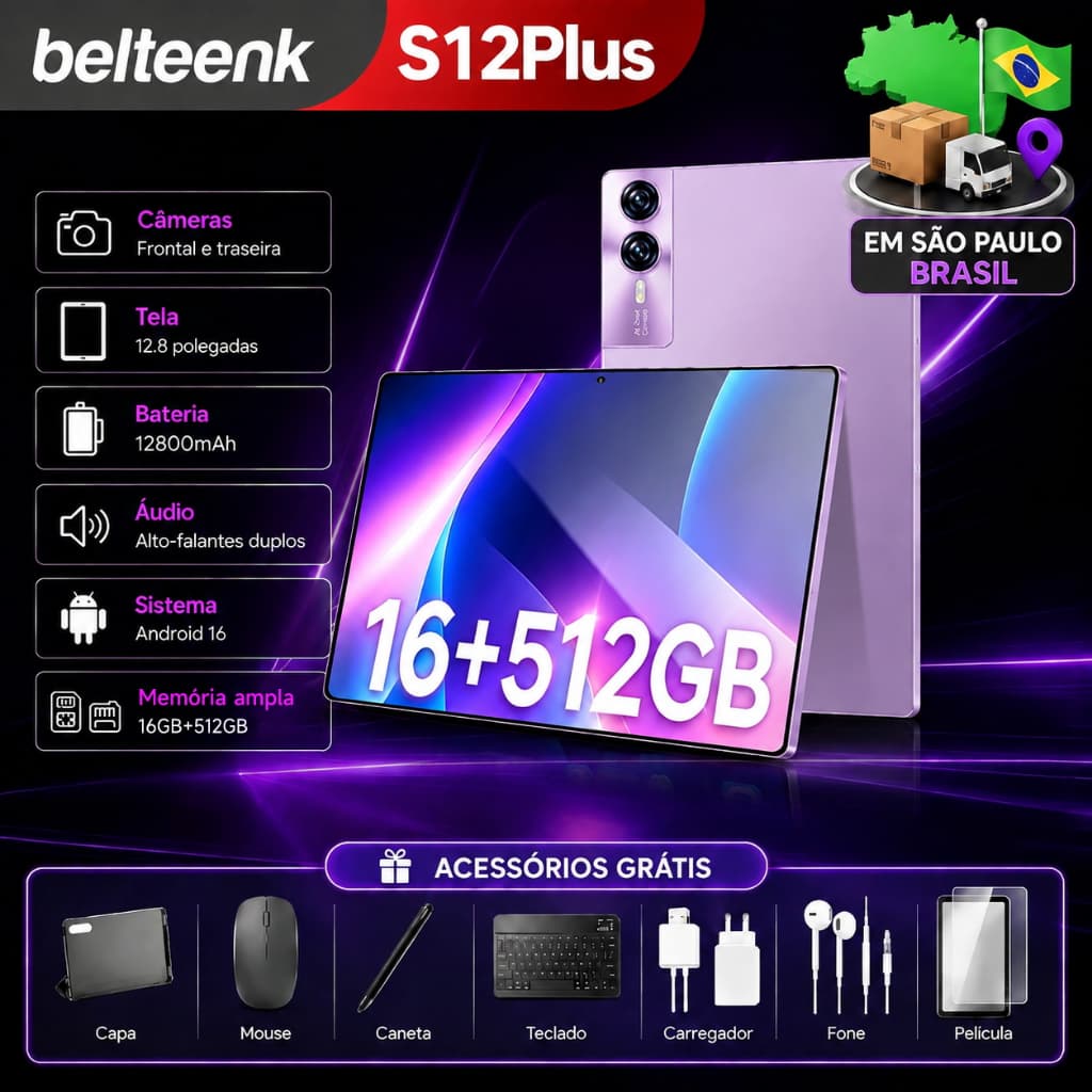 Belteenk S12 Plus Tablet with Keyboard+Mouse -12.8 Inch 16GB RAM 512GB Android 16 Global Version 1 Year Warranty