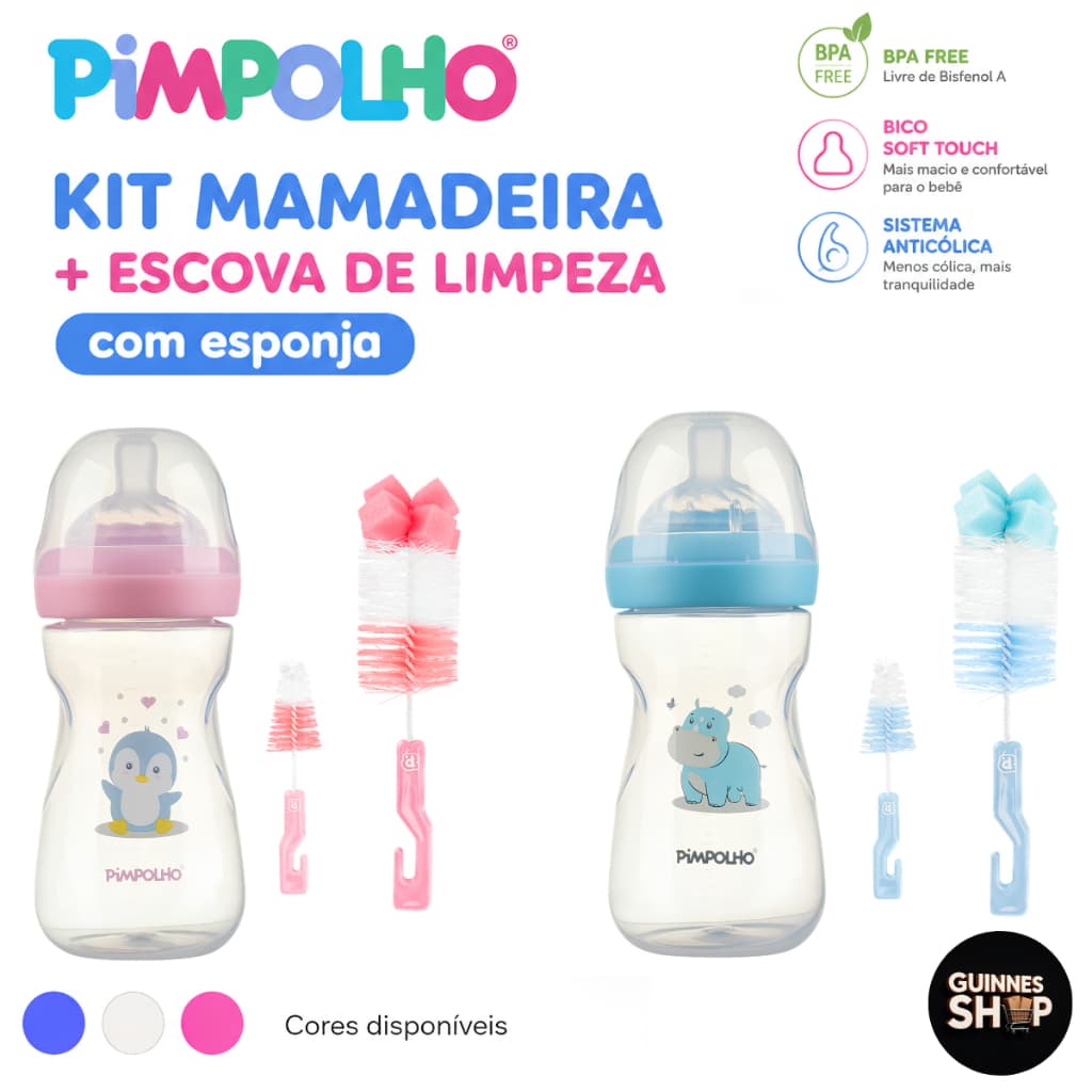 Mamadeira Pimpolho Serena Bpa Free Bebê + Kit Escova de Limpeza Mamadeira e Bico Pimpolho