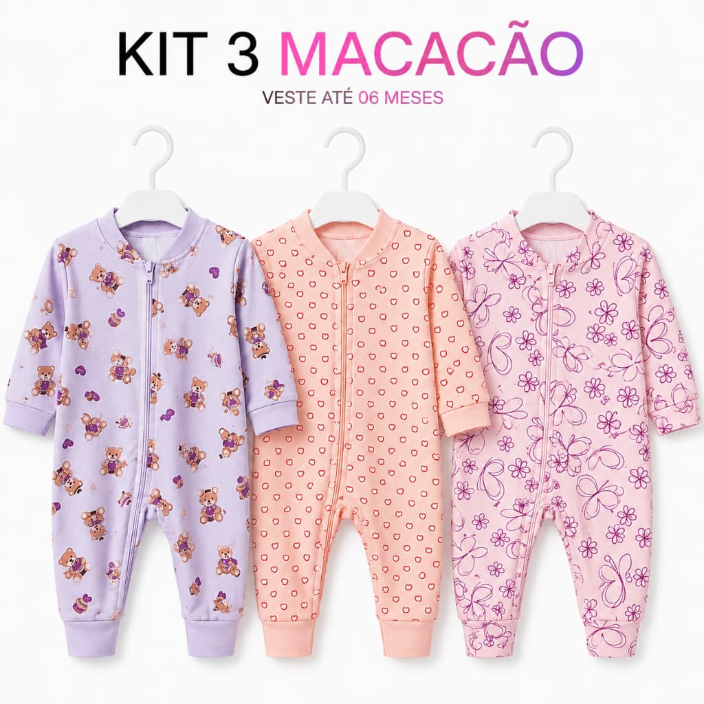 Kit 3 Macacões Bebê Menina Estampados Conforto e Delicadeza para o Enxoval Envios Estampas Sortidos