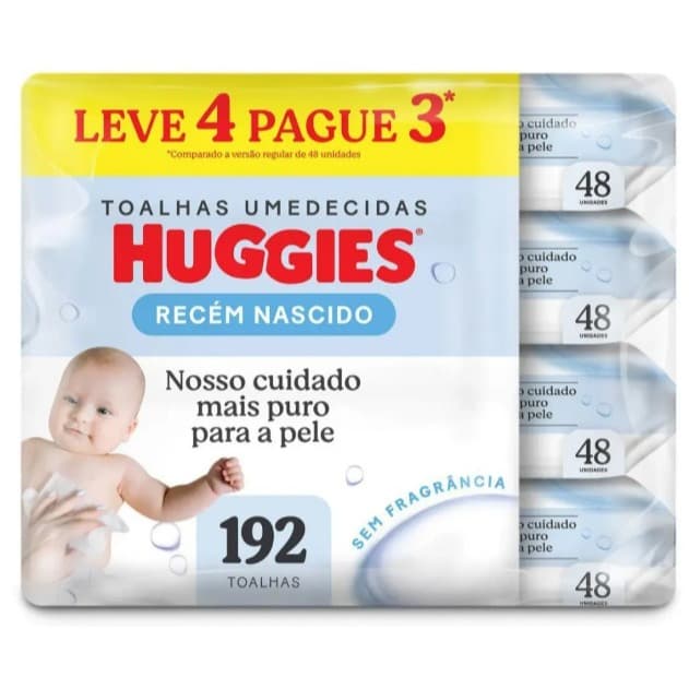 Lenços Umedecidos Huggies Recém-Nascido Sem Fragrância 4x48U. Hipoalergênicos, sem fragância, pH equilibrado.