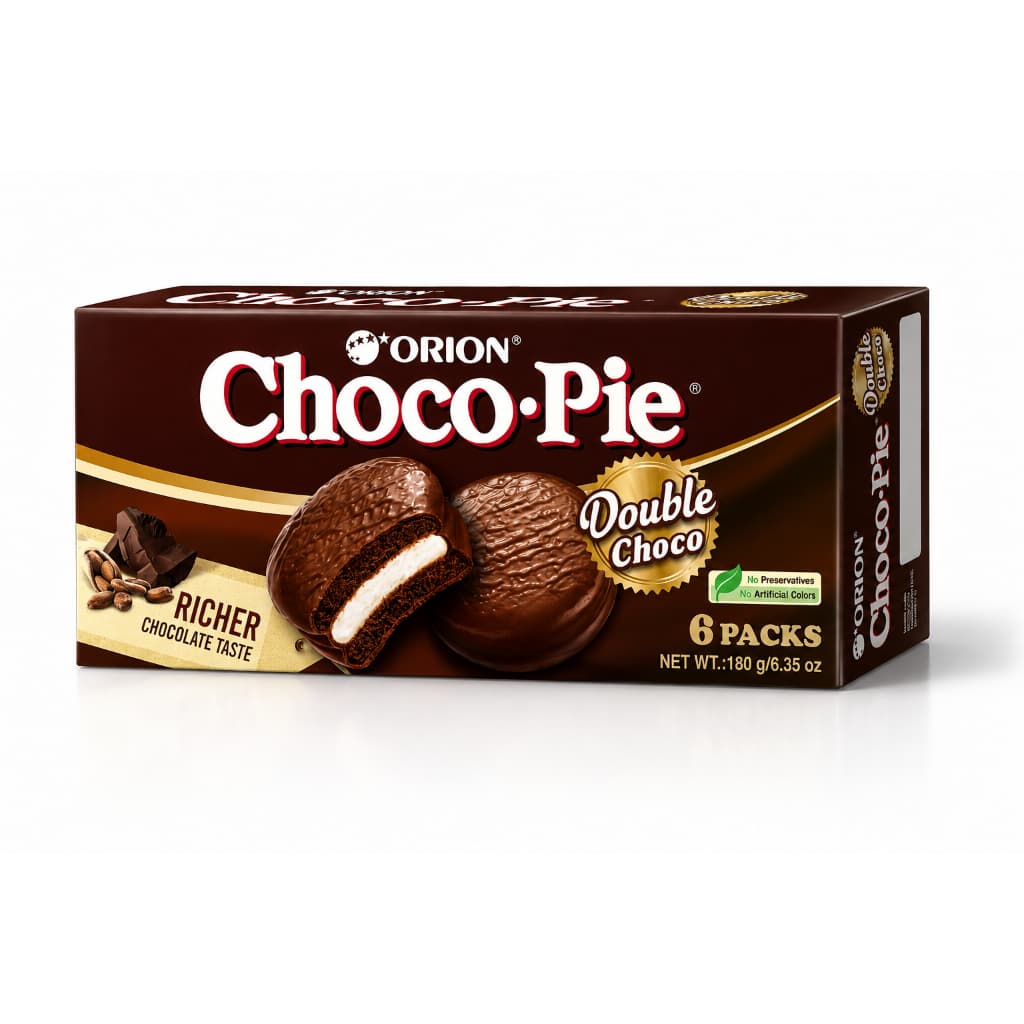 Bolinho Coreano ChocoPie Orion Chocolate Duplo c/ Marshmallow | Caixa 6 un | 180g | Sem Glúten | Importado Mimos Korea
