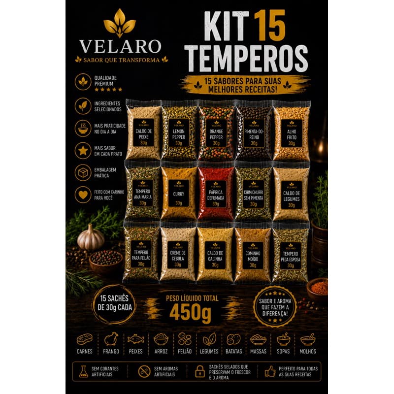 Kit 15 Temperos e Especiarias 30g Cada 450g para Carnes Frango Peixes e Cozinha Velaro (kt06)