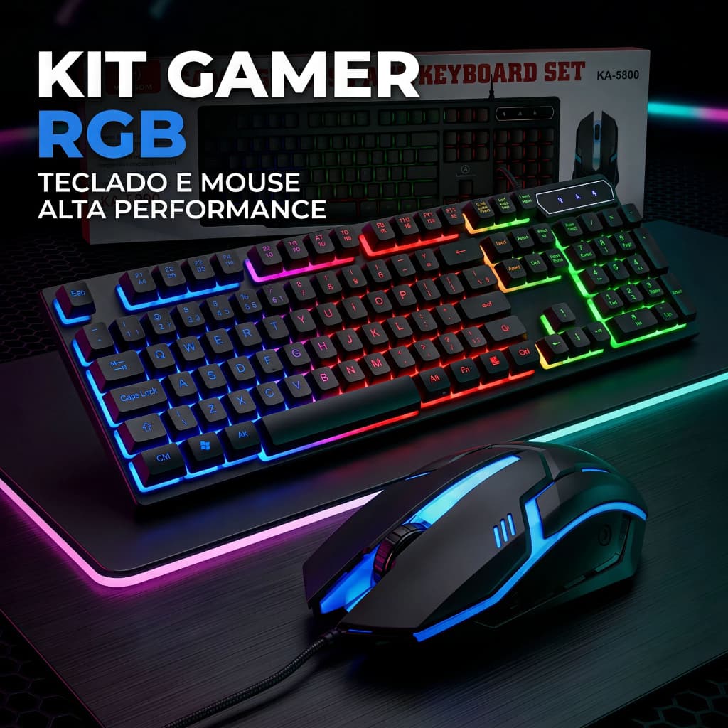 Kit Gamer Teclado Semi Mecânico Mouse RGB Preto ABNT2 USB 107 Teclas + Mouse 1600 DPI
