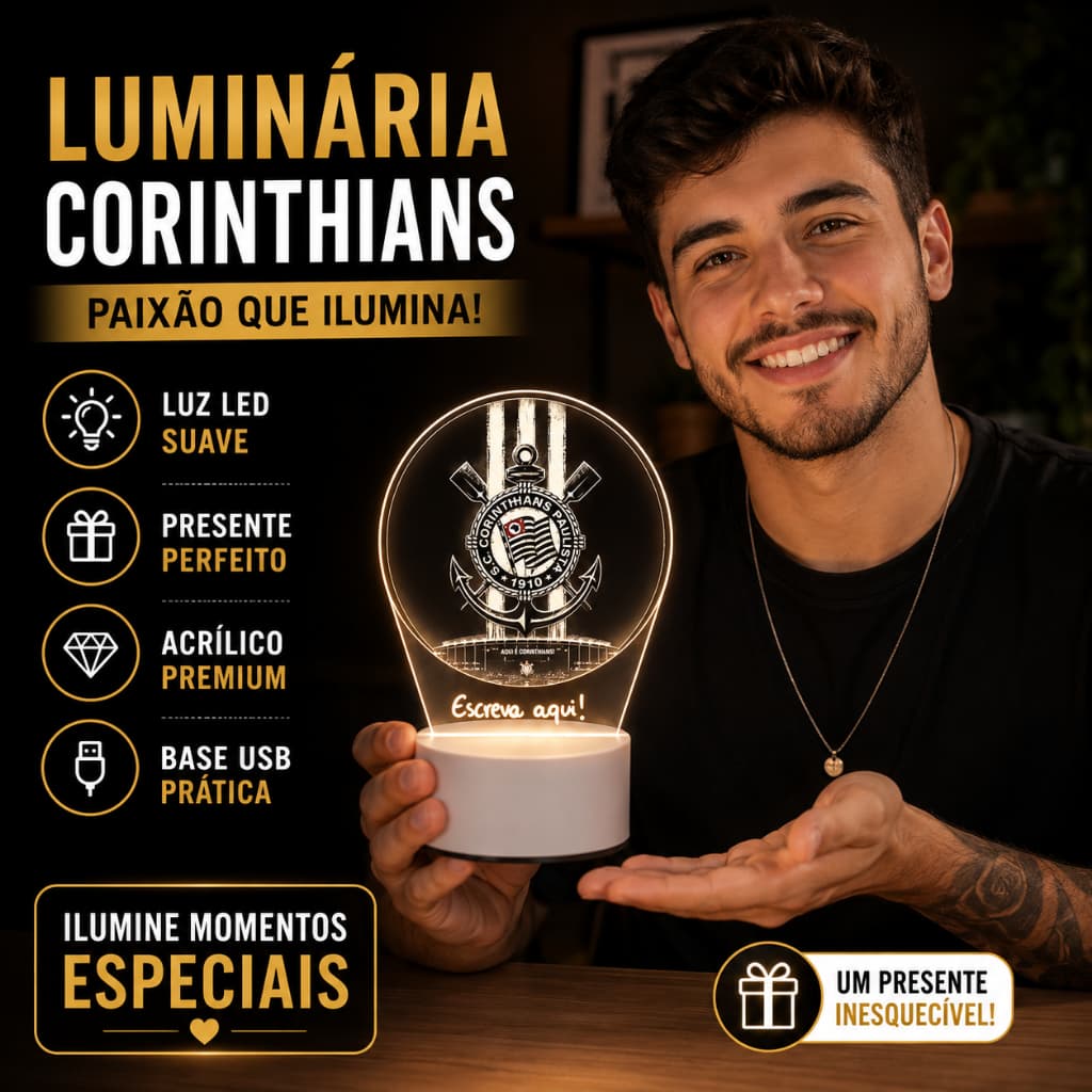 Luminária LED UV Corinthians Arena Futebol Fã Clube Timão 3D Colorida Abajur Decorativo Luz Noturna Decoração Quarto