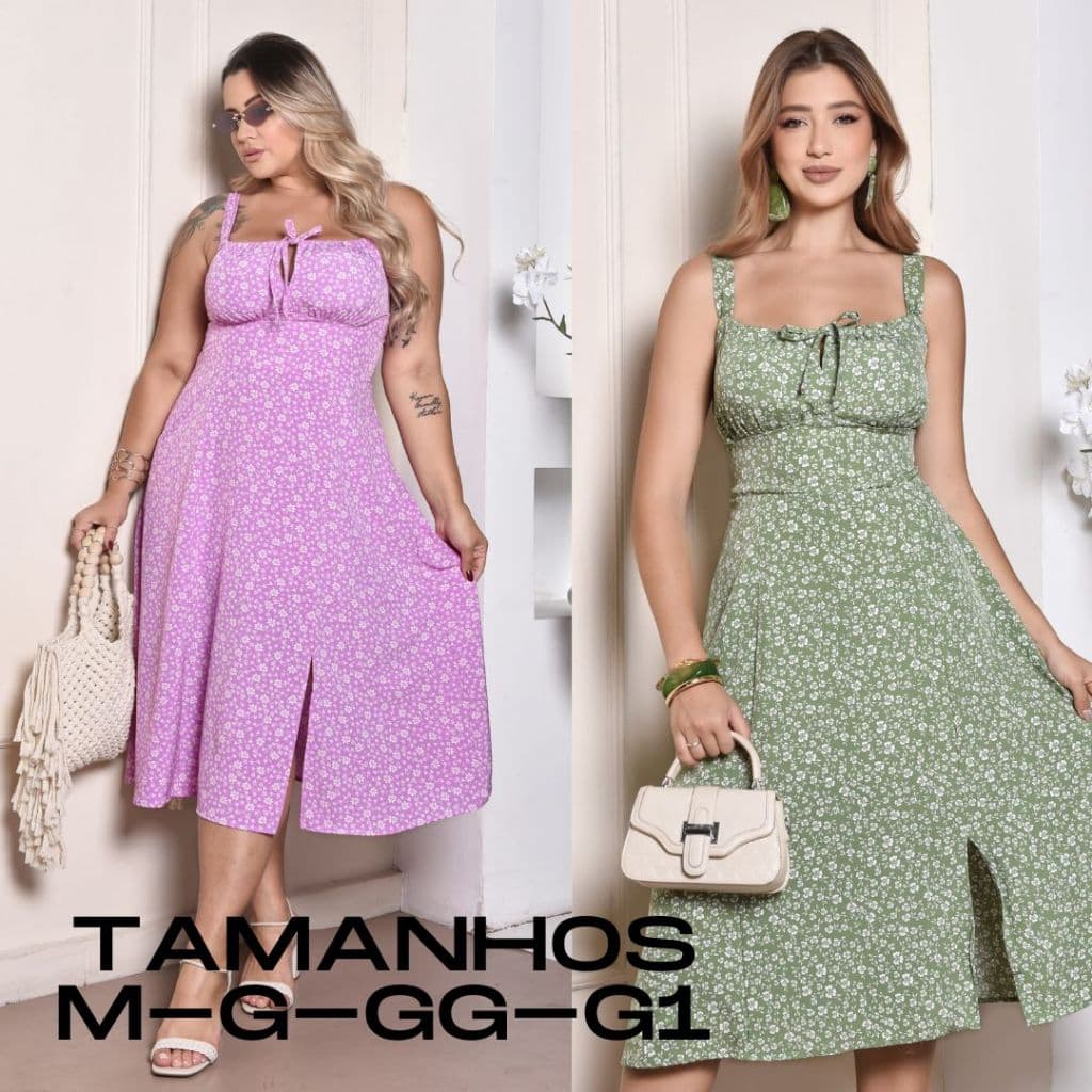 Vestido Feminino Mídi Romântico Estampa Floral Plus Size Elastex na Costa  Fenda lateral Laço no Busto Moda 2026