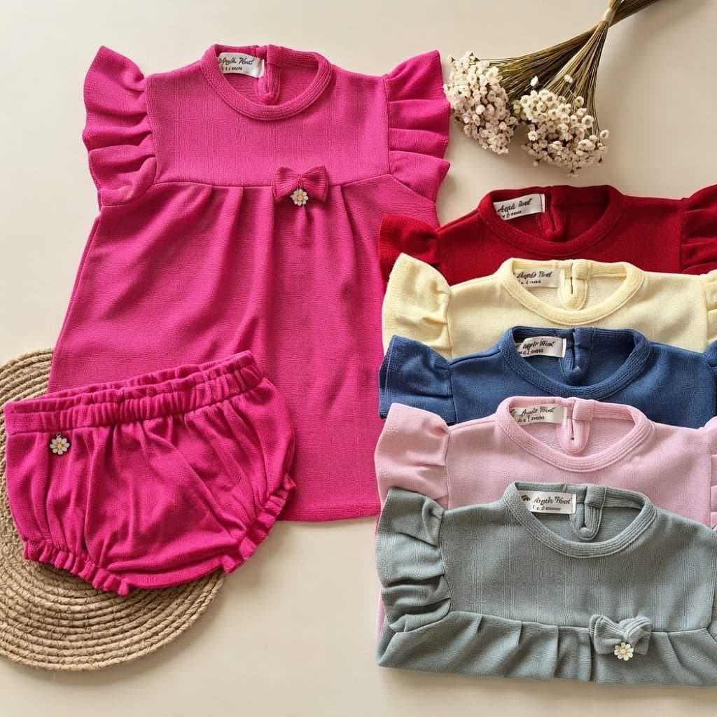 Conjunto Vestido com Calcinha Tapa Fralda em Tricô para Bebês Vários Tamanhos
