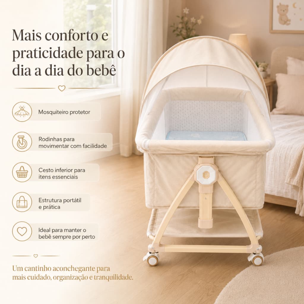 Berço Portátil para Bebê com Mosquiteiro, Rodinhas e Cesto com Colchão e Almofada Conforto Bebê