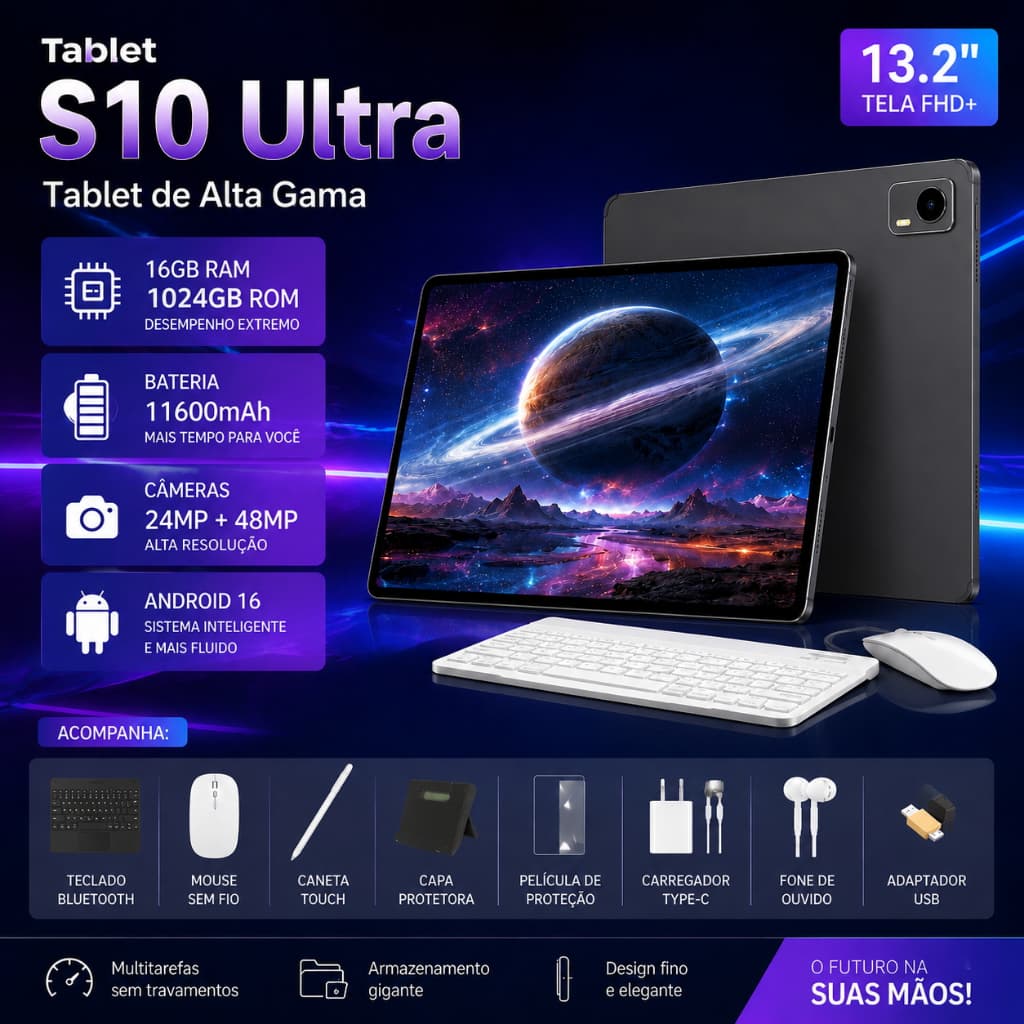 🔥Tablet S10 Ultra Android 16 - Tela 13.2" FHD+ 16GB RAM 1024GB Memória - Câmera 48MP- Bateria 11600mAh - YINBER (2 em 1)