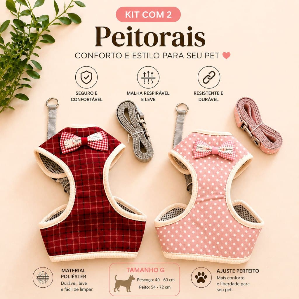 Kit 2 Coleiras Peitorais Pet Ajustáveis com Guia para Cães e Gatos - Resistente e Lavável
