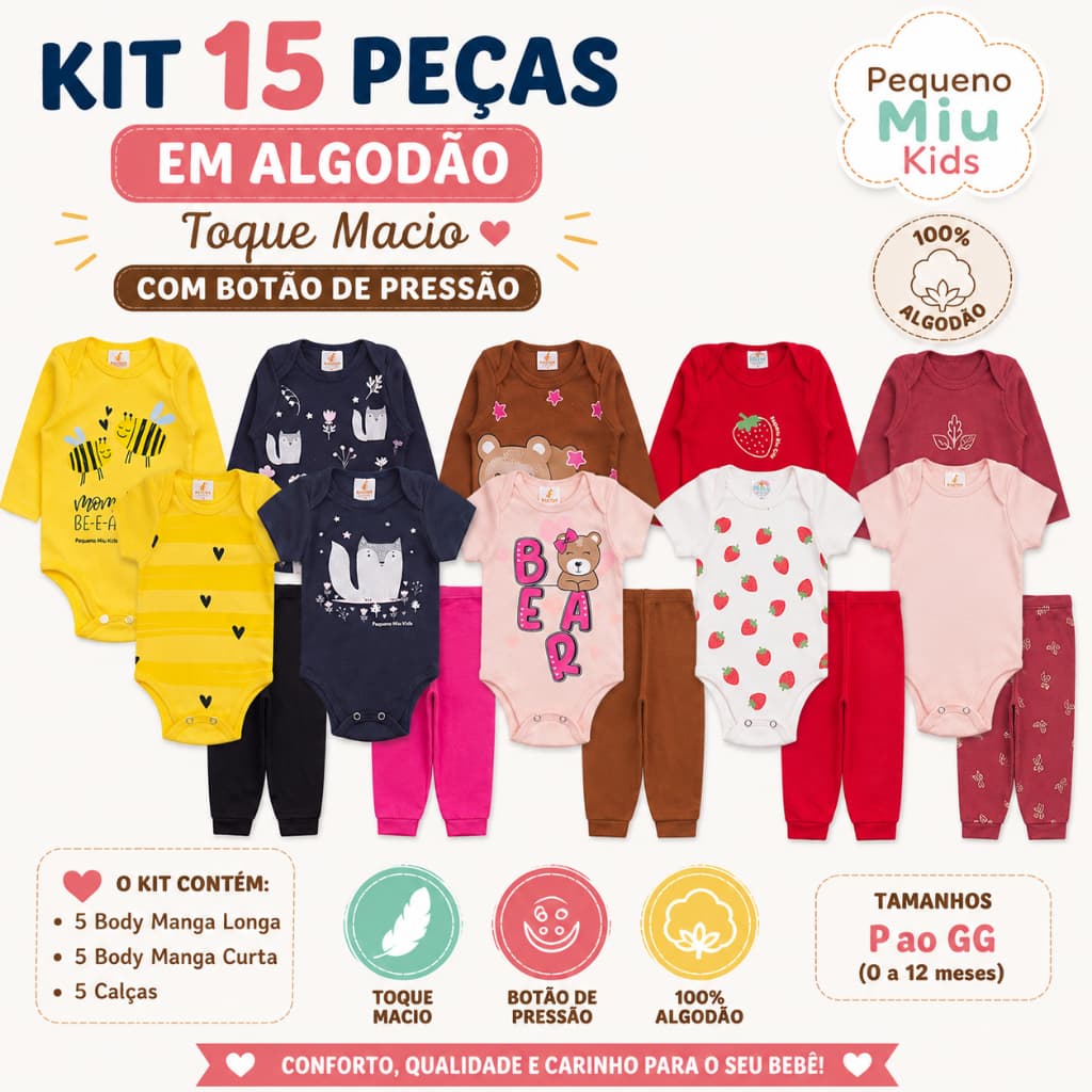 kit 15 body bebê manga curta longa calça menina roupa verão bebe infantil